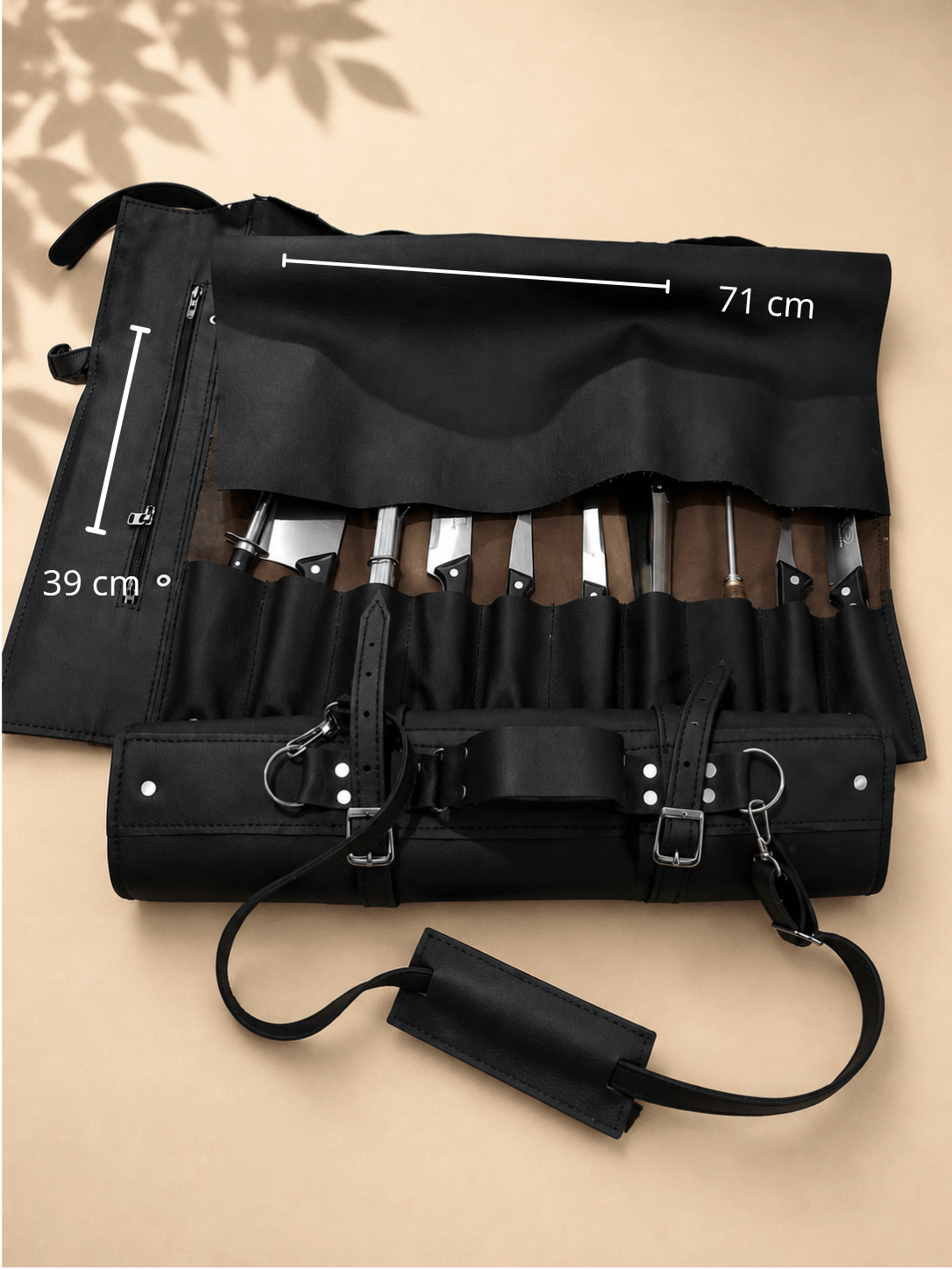 Estuche porta cuchillos de piel negra artesanal con herramientas