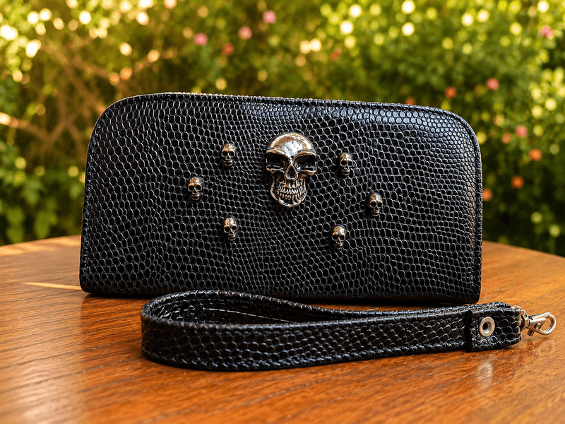 Cartera de piel Mictlán con grabado tipo víbora hecha a mano