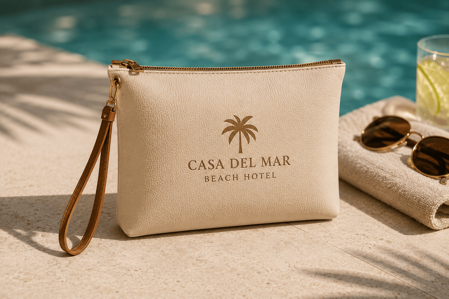Poolside Pouch Premium para hoteles elaborado en piel color arena